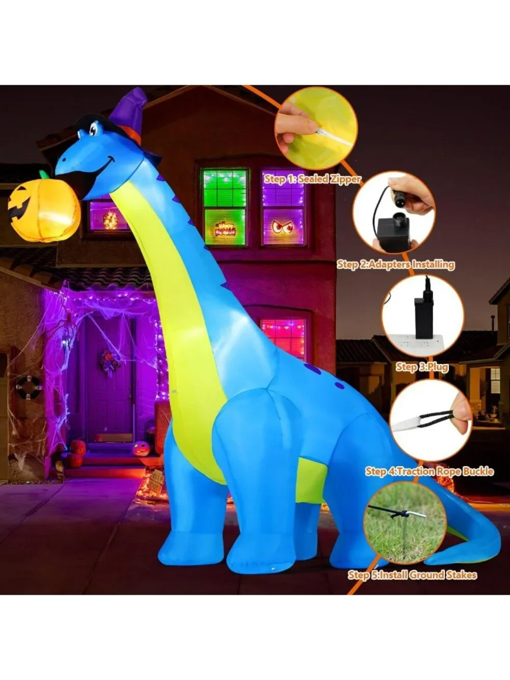 10 FT Halloween Inflatable Dinosaurs with Pumpkins - Fun Outdoor Decor
